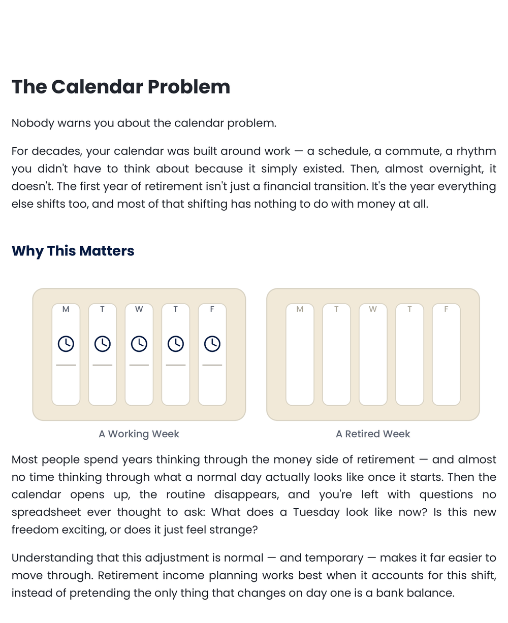 Interior guide page titled 'The Calendar Problem,' comparing a working week to a retired week.