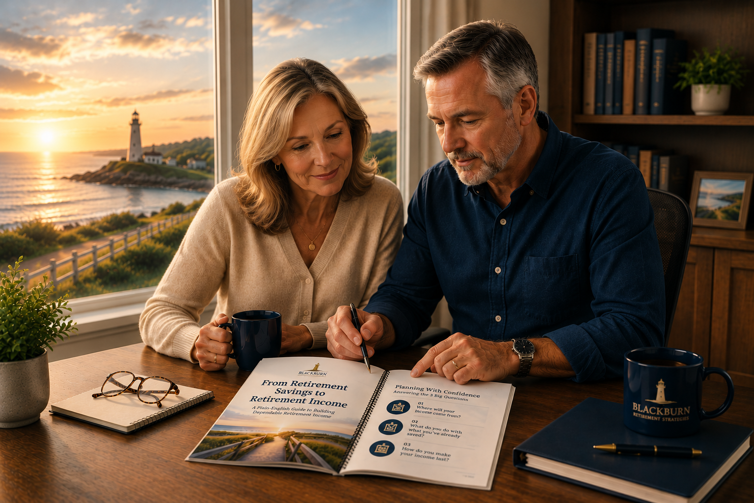 A couple sitting together at a window table reviewing the Blackburn retirement guide, with a lighthouse and ocean view outside.