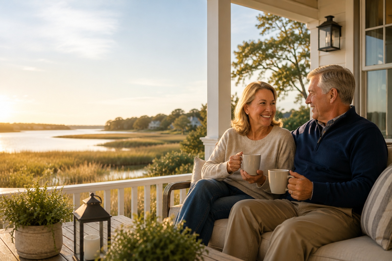 A couple sitting together on a porch overlooking a marsh and shoreline at sunset, each holding a mug of coffee.