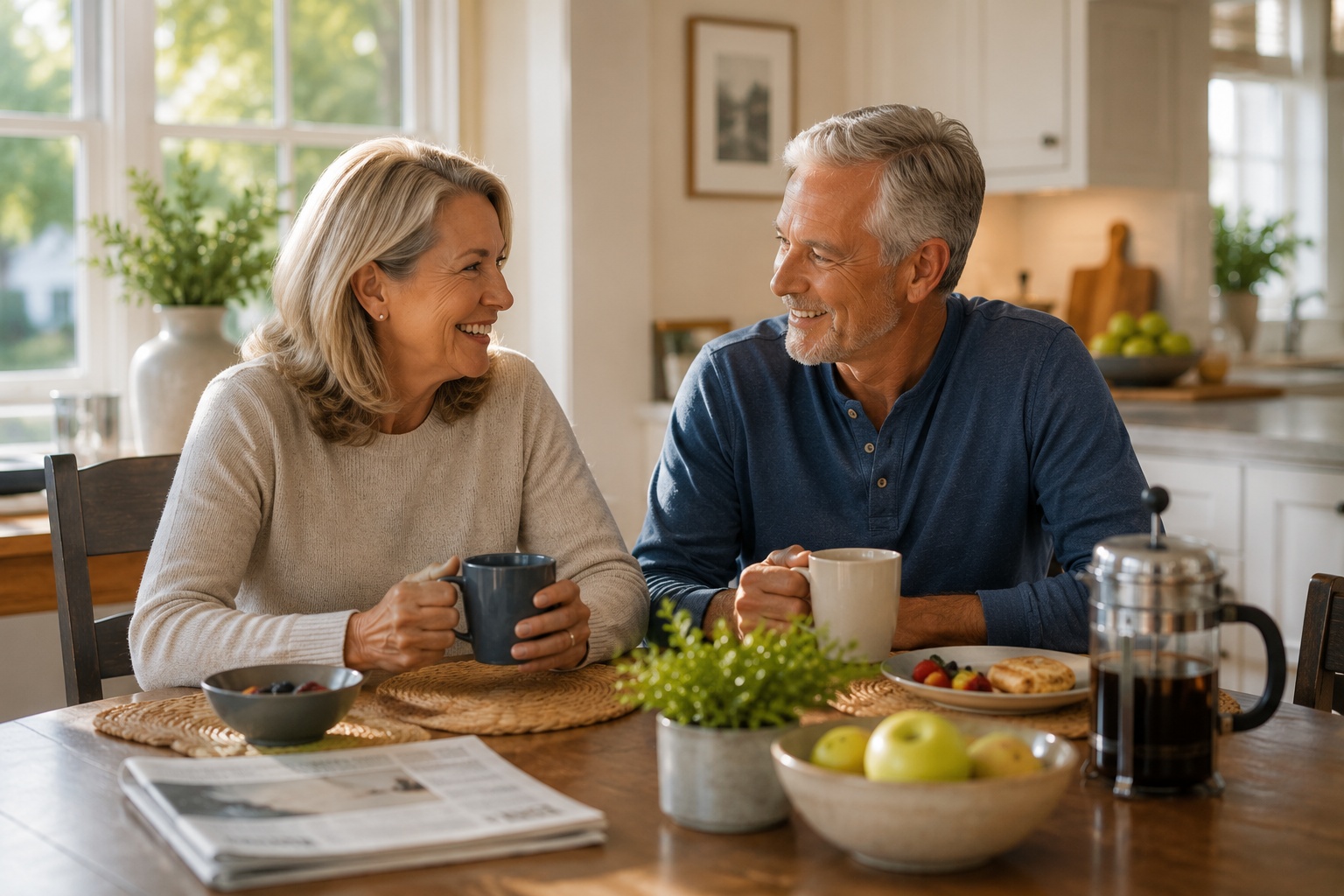 A couple having coffee and breakfast together at their kitchen table, smiling as they talk.
