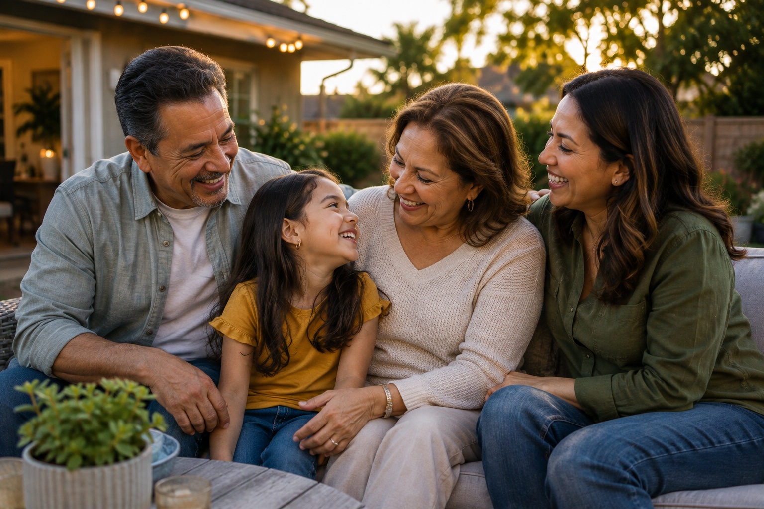 Three generations of a family — grandfather, grandmother, mother, and granddaughter — laughing together on a patio at dusk.