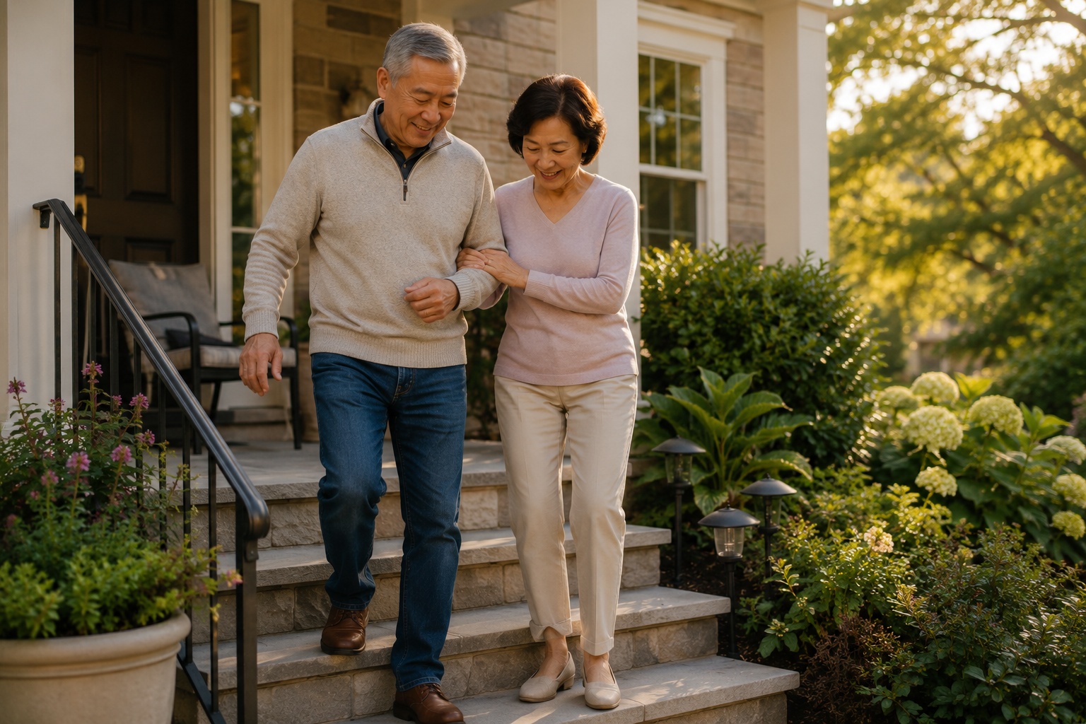 A couple walking arm in arm down the front steps of their home.