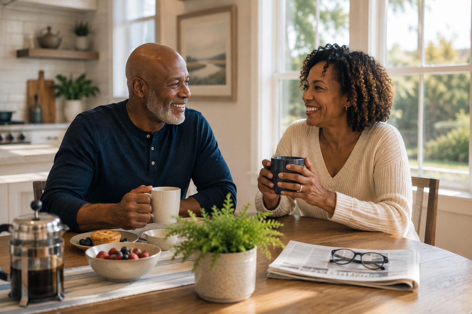 A couple having coffee together in their kitchen, smiling as they talk.