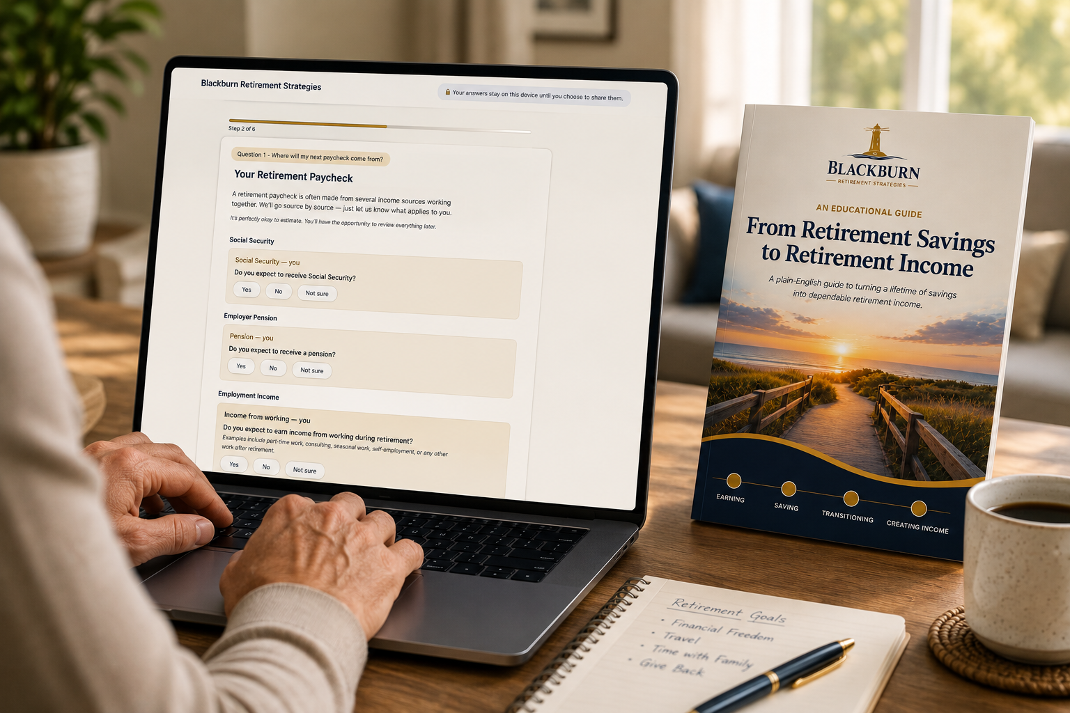 A laptop showing the Blackburn Retirement Income Planner beside a printed copy of the Blackburn guide.