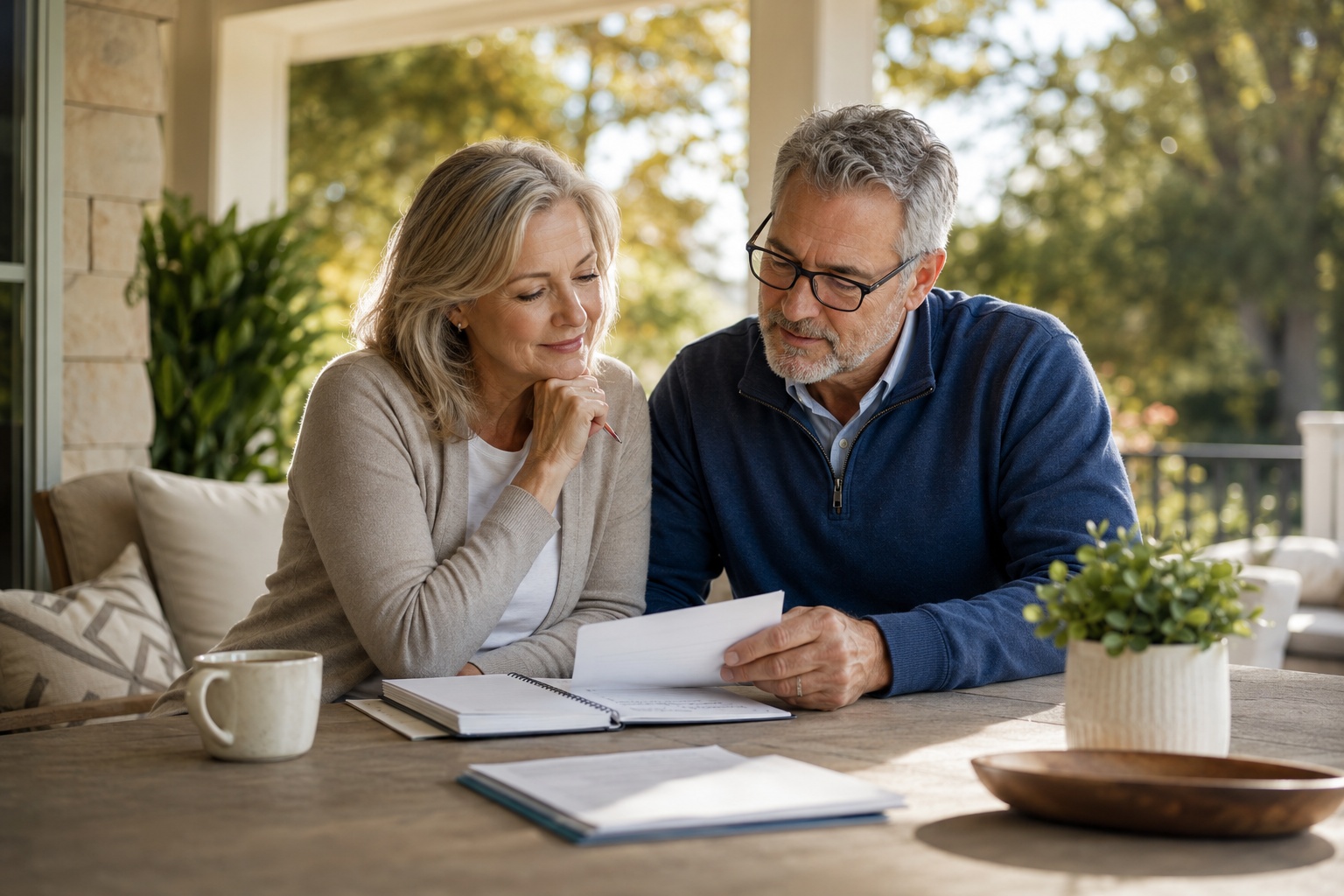 A retired couple sitting together at an outdoor table on a covered porch, reviewing notes and papers together.